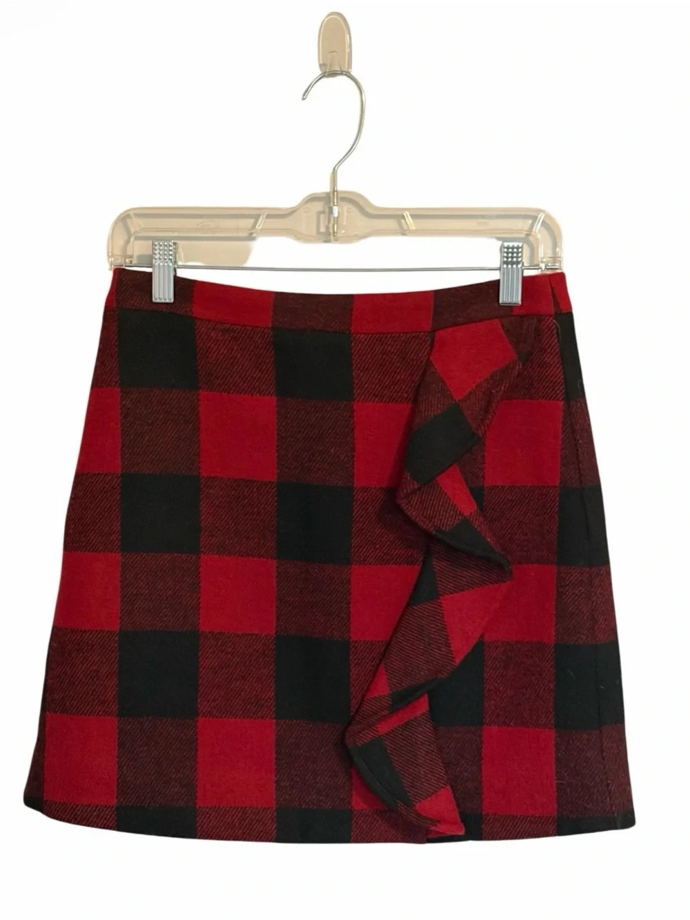 J. Crew Red and Black Buffalo Plaid Ruffle Mini Wool Blend Skirt Size 0